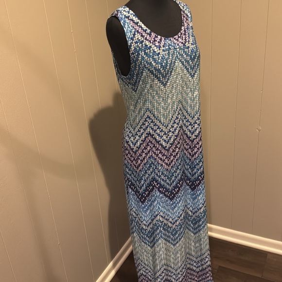 Chico’s geometric print shades of blue & purple silky stretch tank style maxi. - Picture 3 of 6